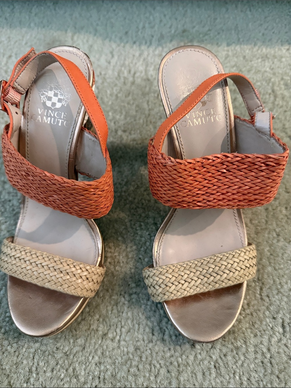 Vince Camuto Orange and Tan Woven Slingback Sandals